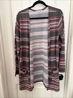 Wallflower Gray Open-Front Striped Cardigan with Multicolor Accents